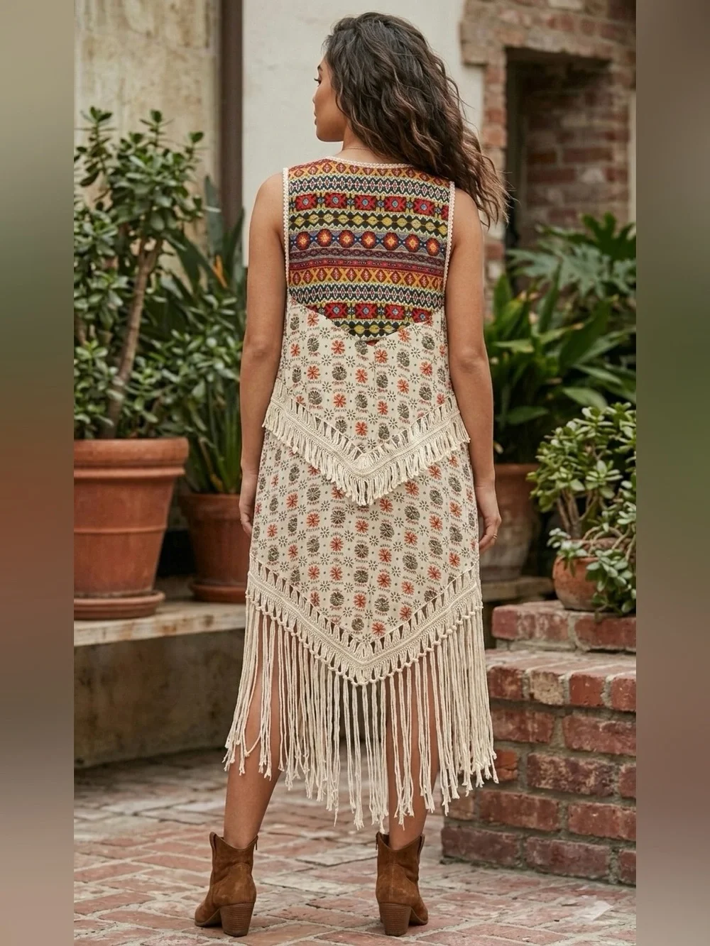 Umgee Boho Aztec Fringe Long Duster Vest Crochet Trim Plus Size 1XL - Picture 3 of 16